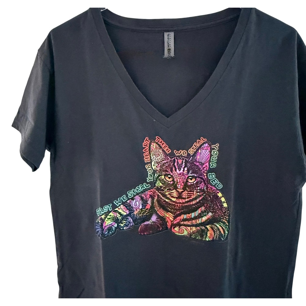 Next Level Apparel Cat Graphic T-Shirt Womens Large Navy Excellent V-Neck Tee - Picture 4 of 8